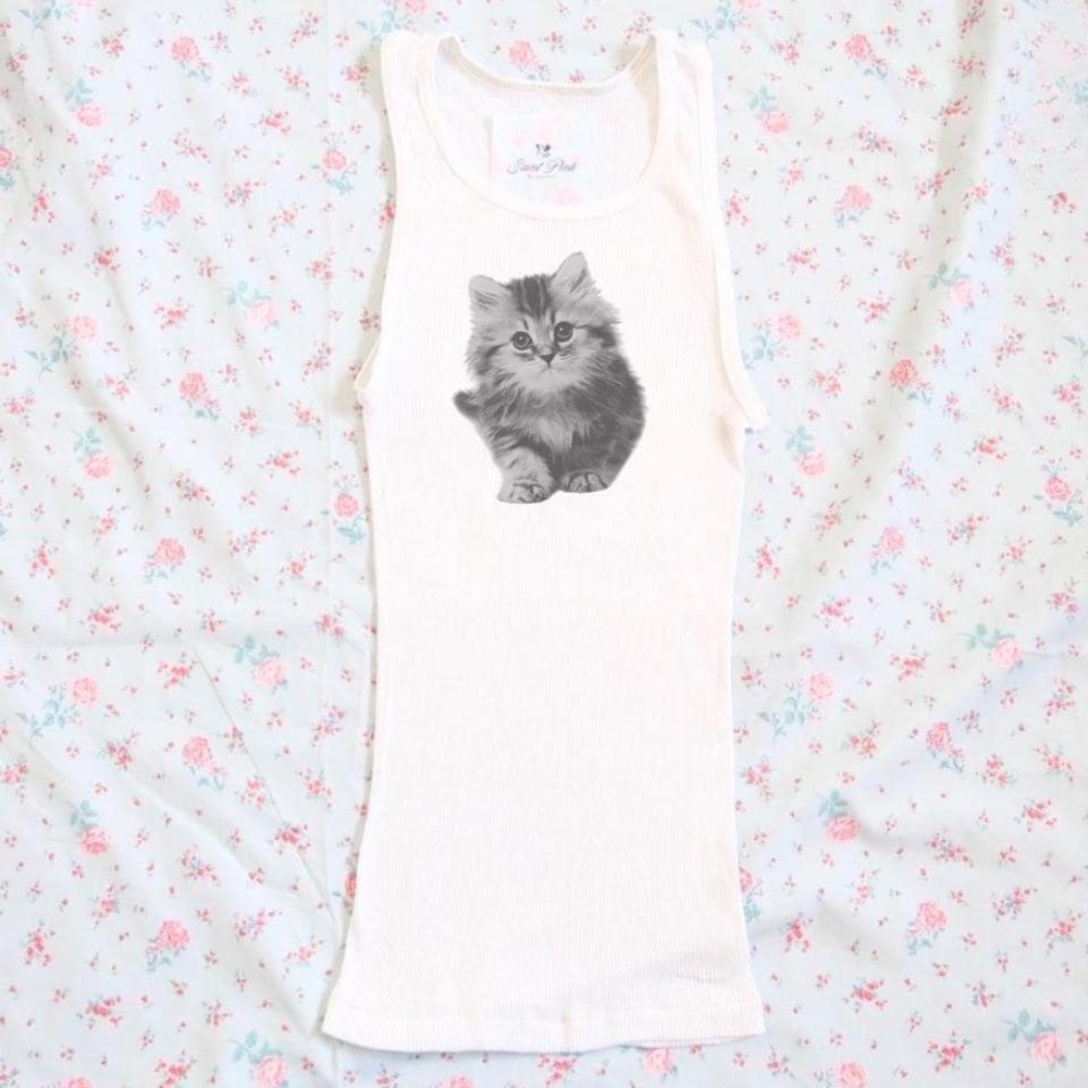 Y2K Coquette Kitten Graphic Ribbed Tank Top